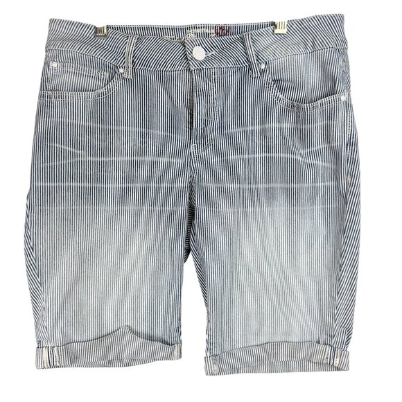 Faded Glory Bermuda Denim Shorts Womens 12 Striped Blue White Cotton Blend - Picture 1 of 12